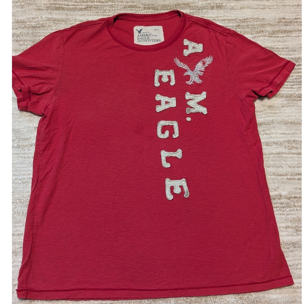 American Eagle T Shirt Mens Sz Large Red Athletic Fit Varsity Logo Y2K Slub Knit